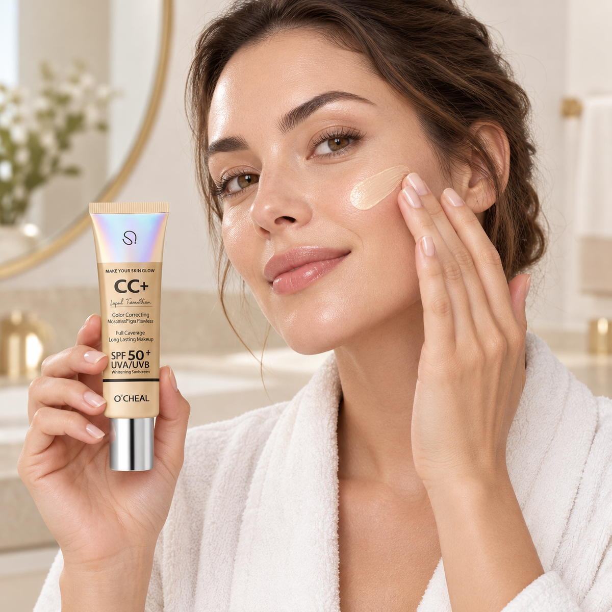 Correcteur CC Crème utilisé dans une routine beauté élégante
